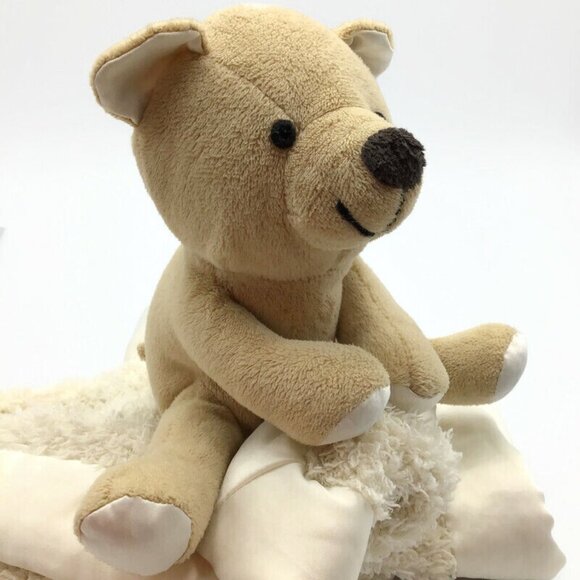 Barefoot Dreams Bear Lovey Plush Satin Cream Tan Baby Security Blanket 15x15 - Picture 3 of 8